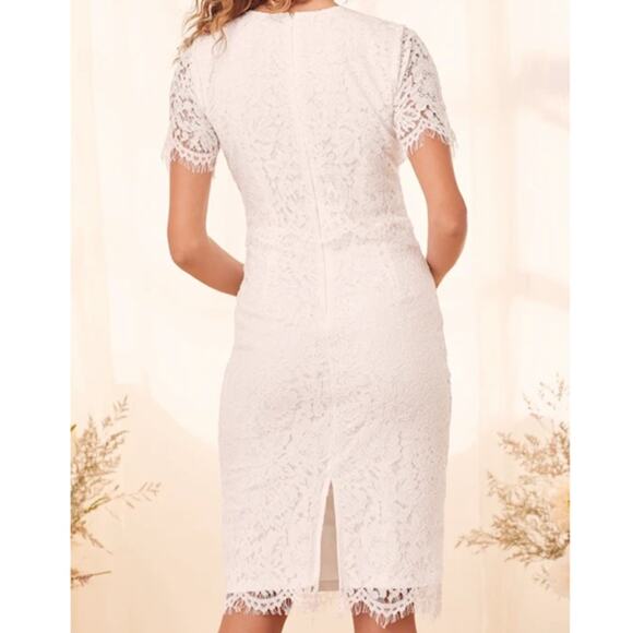 Lulus NWOT Devotion Off-White Eyelash Lace Sheer Cap Sleeve Midi Dress Medium - Picture 9 of 12